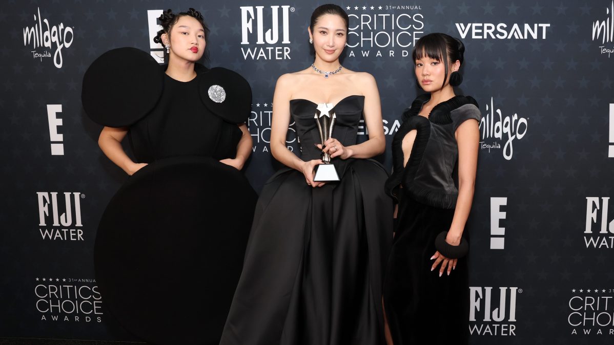 (L-R) Audrey Nuna, EJAE, and Rei Ami, winners of the Best Animated Feature Award and the Best Song Award for 'Golden' in the film "KPop Demon Hunters"