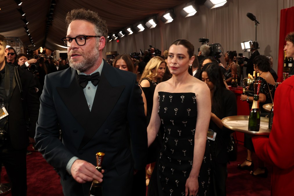 Seth Rogen and Lauren Miller Rogen attend the Golden Globes 