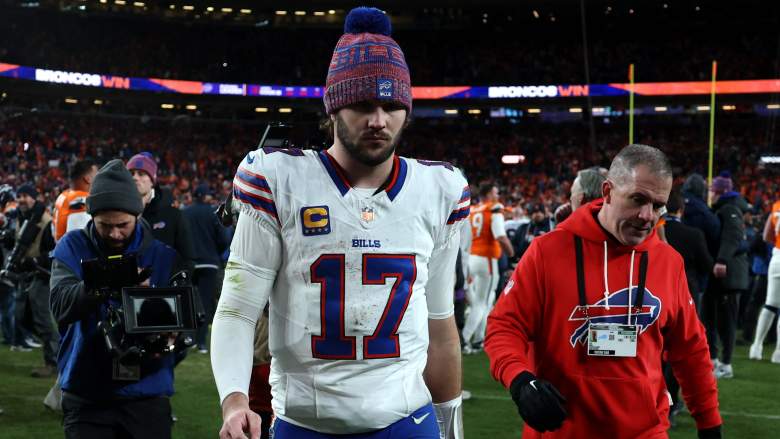 Josh Allen #17 of the Buffalo Bills walks off the field after being defeated by the Denver Broncos with a score of 30 to 33
