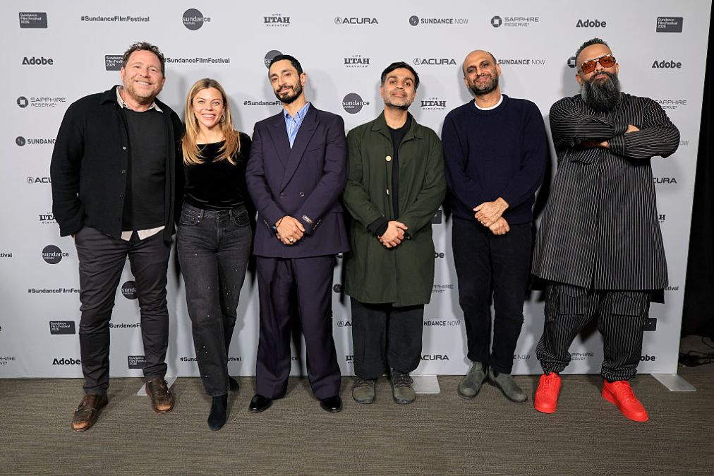 Ben Karlin, Allie Moore, Riz Ahmed, Bassam Tariq, Punit Mattoo and Guz Khan attend the "Bait" Premiere during the 2026 Sundance Film Festival
