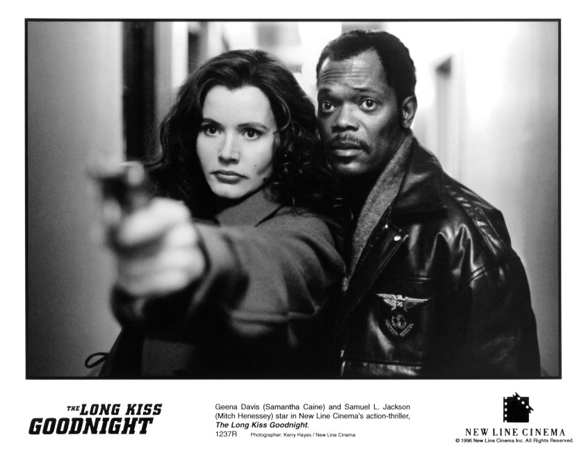 Actress Geena Davis and actor Samuel L. Jackson on set of the New Line Cinema movie "The Long Kiss Goodnight" circa 1996.