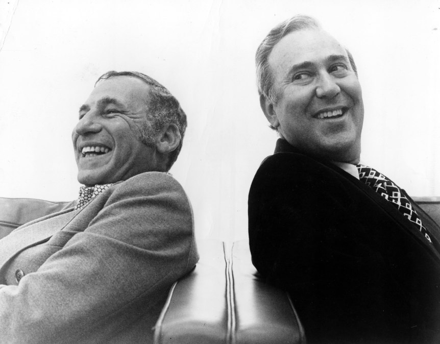 1974: Actors Mel Brooks and Carl Reiner pose for a publicity portrait for their program "2000 And Thirteen Year Old Man"