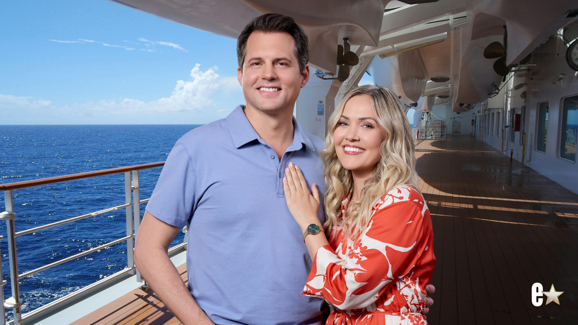 Kristoffer Polaha in blue shirt and Emilie Ullerup in red floral dress