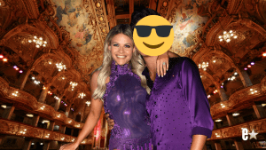 Witney Carson and Milo Manheim smile in purple