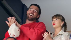 Travis Kelce, left, and Taylor Swift react as the Edmonton Oilers and the Florida Panthers play during the first period in Game Four of the 2025 Stanley Cup Final at Amerant Bank Arena on June 12, 2025