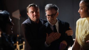 Leonardo DiCaprio embracing Paul Thomas Anderson