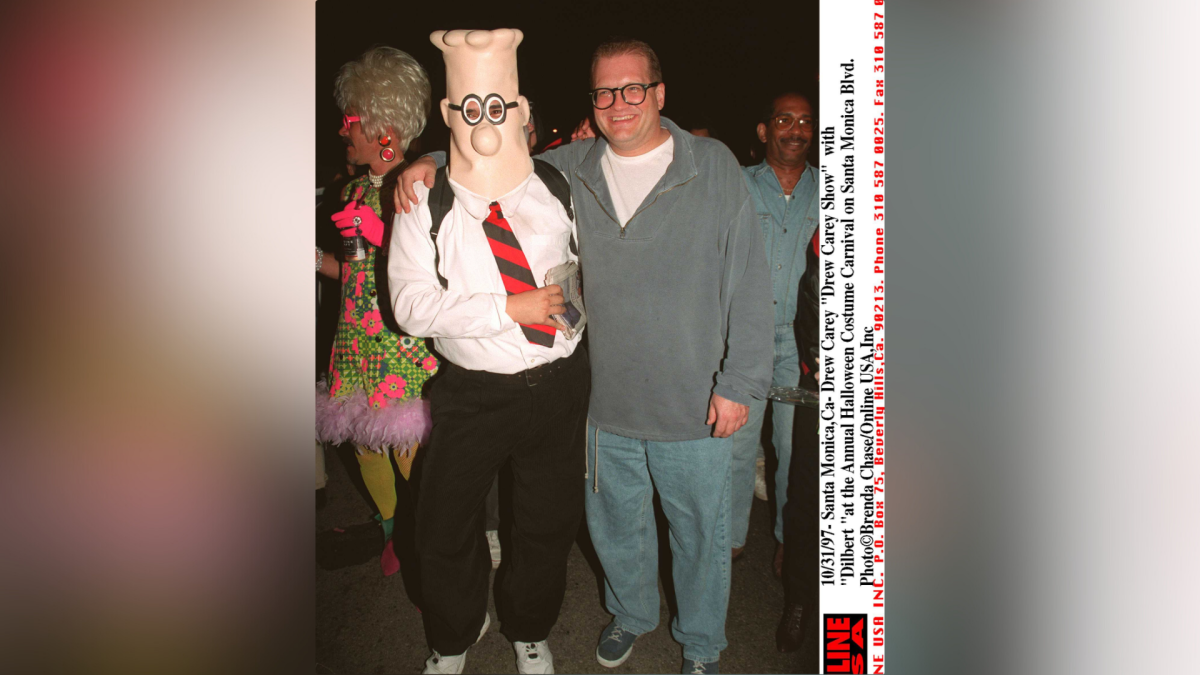 Drew Carey with a life-size 'Dilbert.'