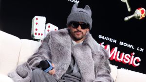 Bad Bunny speaks onstage during the Super Bowl LX Pregame & Apple Music Super Bowl LX Halftime Show Press Conference at Moscone Center West on February 05, 2026