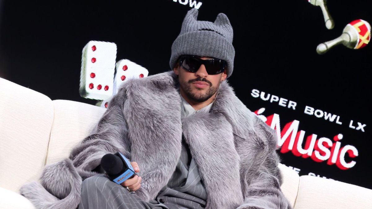 Bad Bunny speaks onstage during the Super Bowl LX Pregame & Apple Music Super Bowl LX Halftime Show Press Conference at Moscone Center West on February 05, 2026