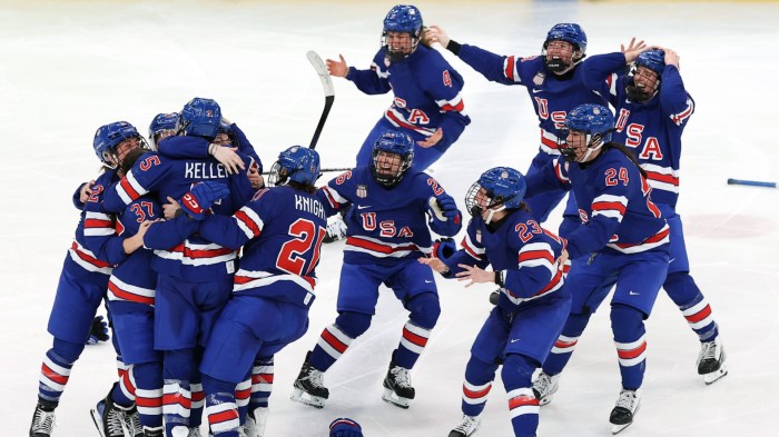 Team USA women's hockey team celebrate at the Milano Cortina 2026 Winter Olympics