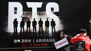 BTS Arirang comeback album promotional truck display for Swim music video release 2026