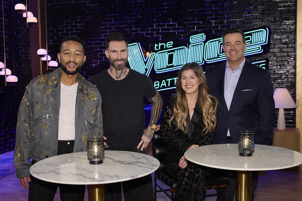 John Legend, Adam Levine, Kelly Clarkson, and Carson Daly