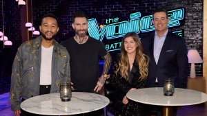 John Legend, Adam Levine, Kelly Clarkson, and Carson Daly