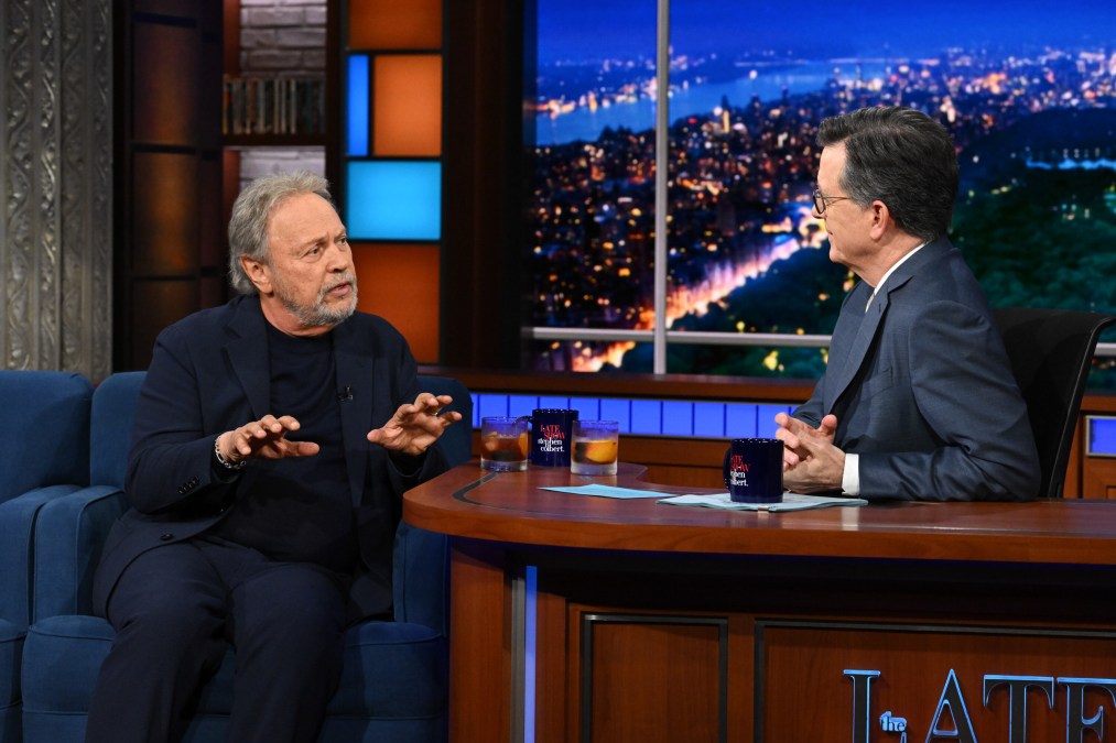 The Late Show with Stephen Colbert and guest Billy Crystal during Tuesdayâs April 14, 2026 show.