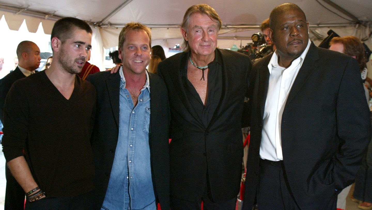 Colin Farrell, Kiefer Sutherland, director Joel Schumacher, and Forest Whitaker at a gala screening of "Phone Booth" in 2002.