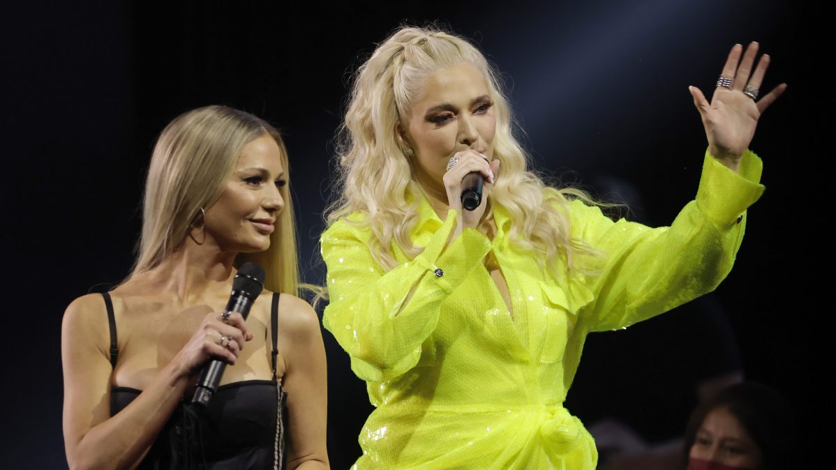Dorit Kemsley and Erika Jayne speak onstage during iHeartMedia’s Can’t Cancel Pride event