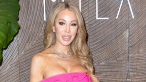 Lisa Hochstein arrives at a Pink Luminous Advocacy Project event at MILA in Miami Beach wearing a bright pink dress
