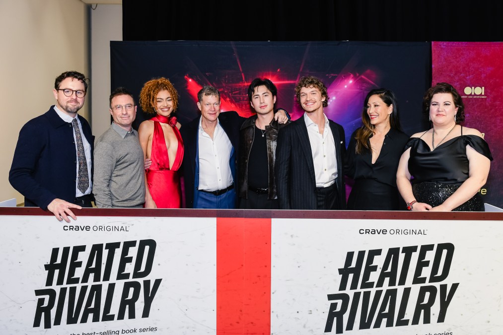 (L-R) Brendan Brady, Jacob Tierney, Ksenia Daniela Kharlamova, Dylan Walsh, Hudson Williams, Connor Storrie, Christina Chang and Rachel Reid attend the premiere of "Heated Rivalry."
