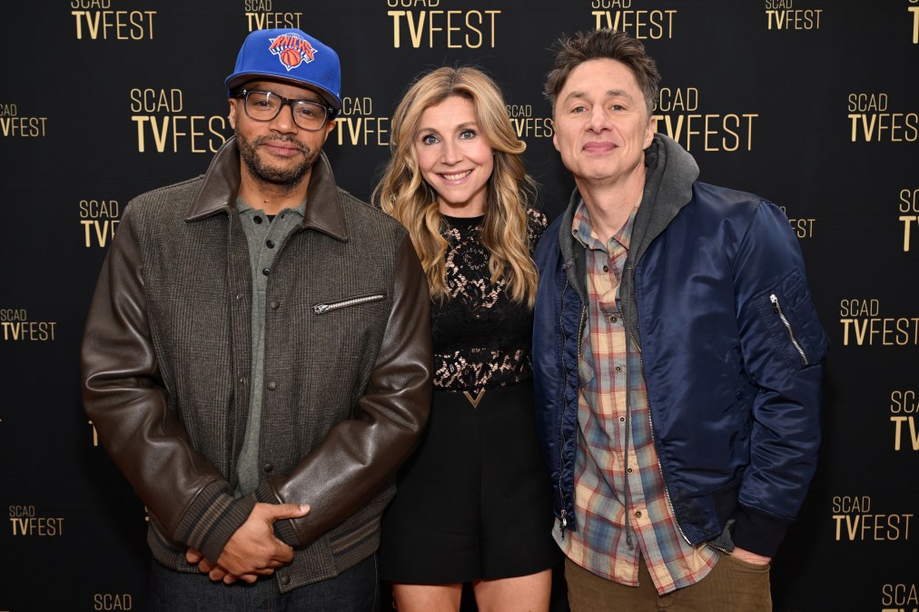 (L-R) Donald Faison, Sarah Chalke, and Zach Braff attend the "Scrubs" Q&A and Award Presentation during the 14th SCAD TVfest.
