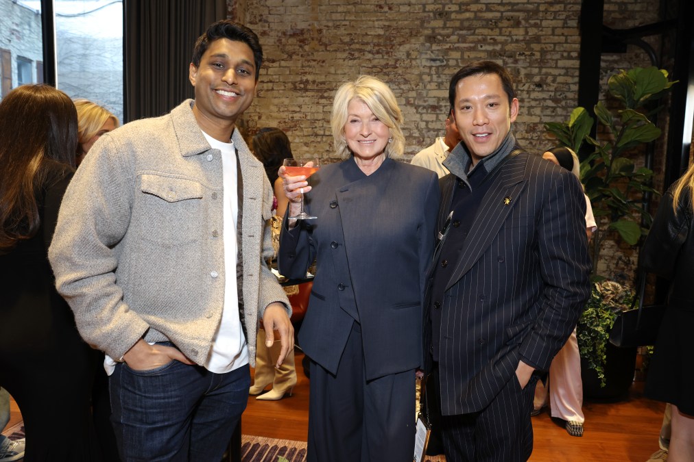 (L-R) Ankur Jain, Bilt founder and CEO, Martha Stewart, and Simon Kim, restaurateur, owner and operator of COTE, attend the Bilt Hospitality Launch.