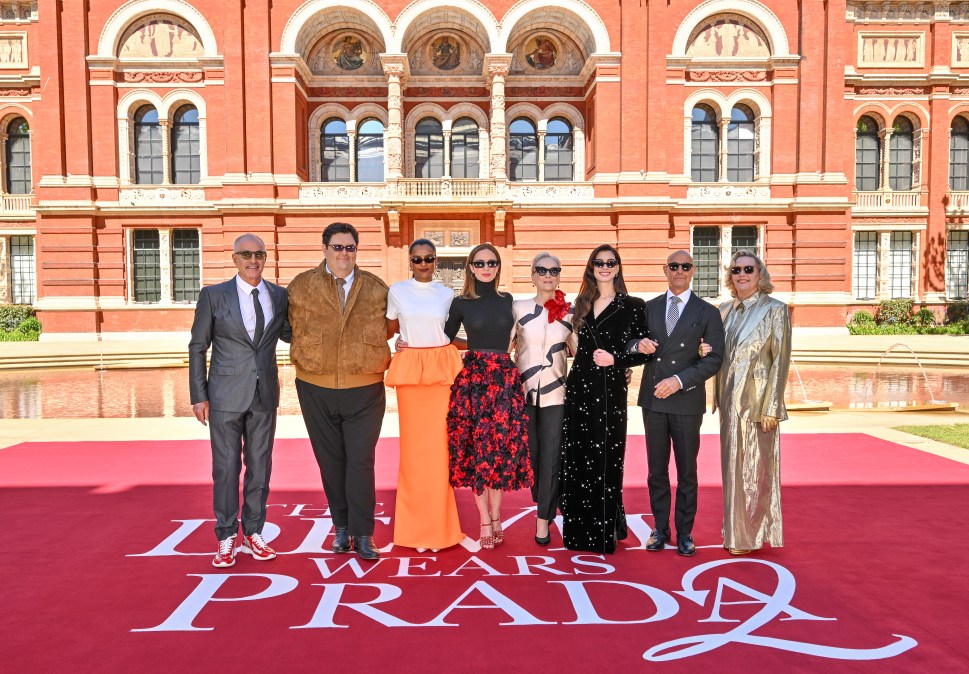 David Frankel, Caleb Hearon, Simone Ashley, Emily Blunt, Meryl Streep, Anne Hathaway, Stanley Tucci and Molly Rogers attend the UK Photocall of 20th Century Studios' 'The Devil Wears Prada 2.'