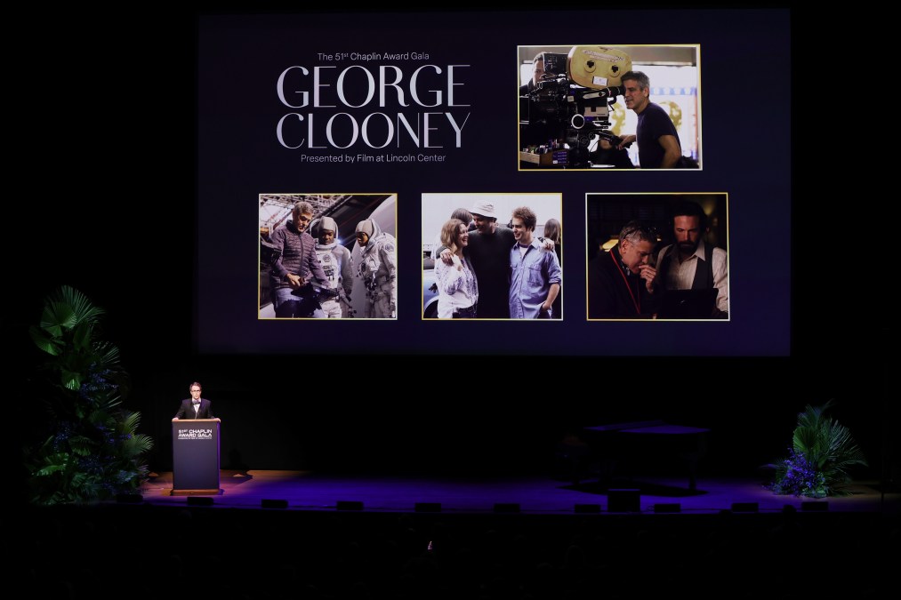 Sam Rockwell speaks onstage during the 51st Chaplin Award Gala honoring George Clooney at Alice Tully Hall, Lincoln Center on April 27, 2026 in New York City. 