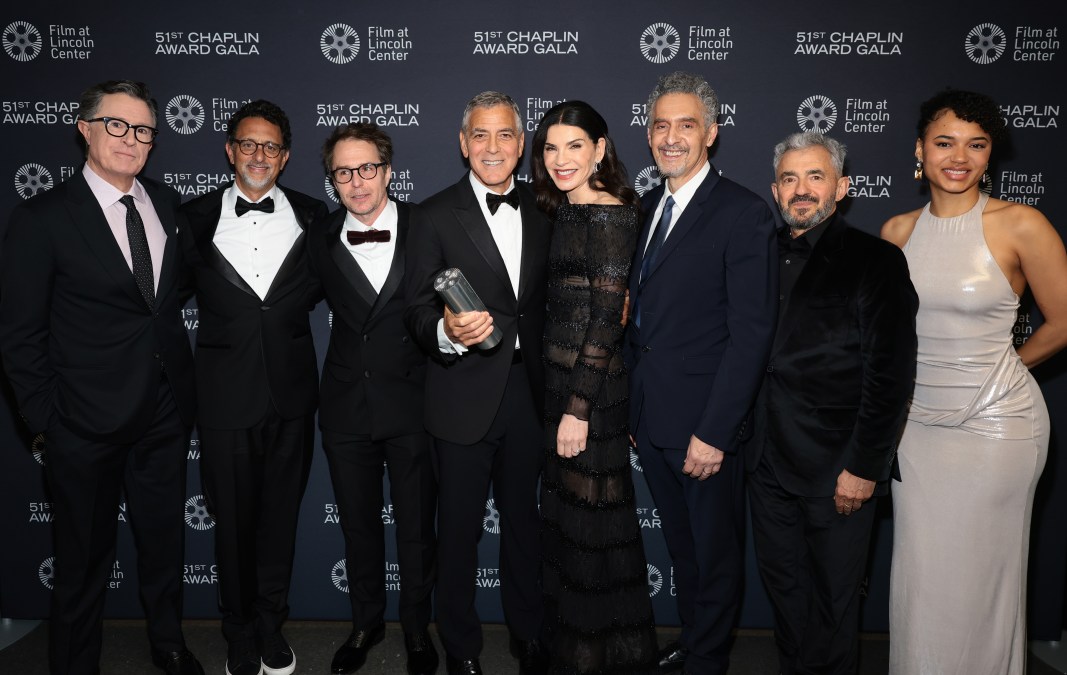 Stephen Colbert, Grant Heslov, Sam Rockwell, George Clooney, Julianna Margulies, John Turturro, Daniel Battsek, and Georgia Heers attend the 51st Chaplin Award Gala