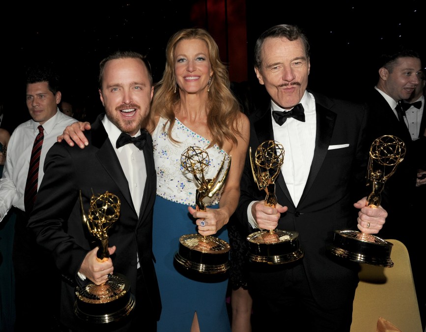 Actors Aaron Paul, winner of the award for Outstanding Supporting Actor in a Drama Series, Anna Gunn, winner of the award for Outstanding Supporting Actress in a Drama Series, and Bryan Cranston, winner of the award for Outstanding Lead Actor in a Drama Series, for the show 'Breaking Bad'