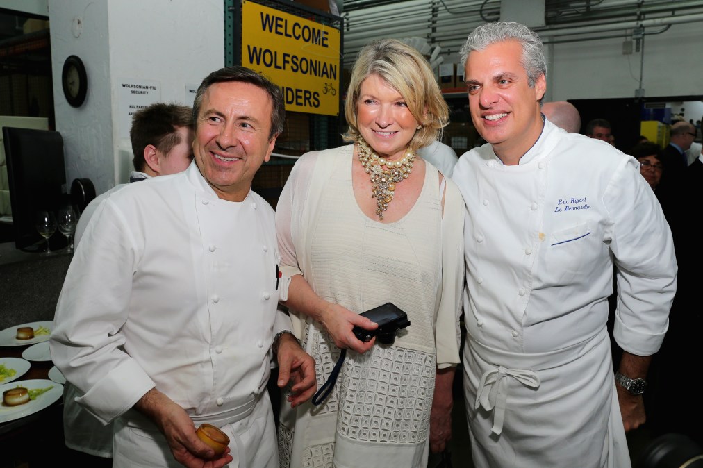 Chef Daniel Boulud, Martha Stewart, and chef Eric Ripert attend Ocean Liner dinner.