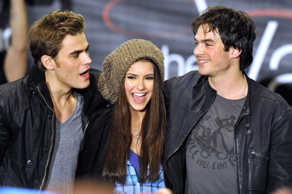 Paul Wesley, Nina Dubrev and Ian Somerhalder pose for a picture at 'The Vampire Diaries' Hot Topic tour 