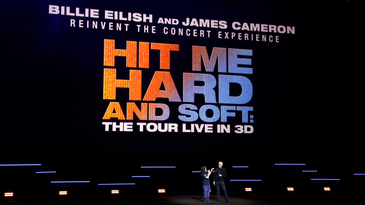 Billie Eilish James Cameron together on stage to promote her new concert film.