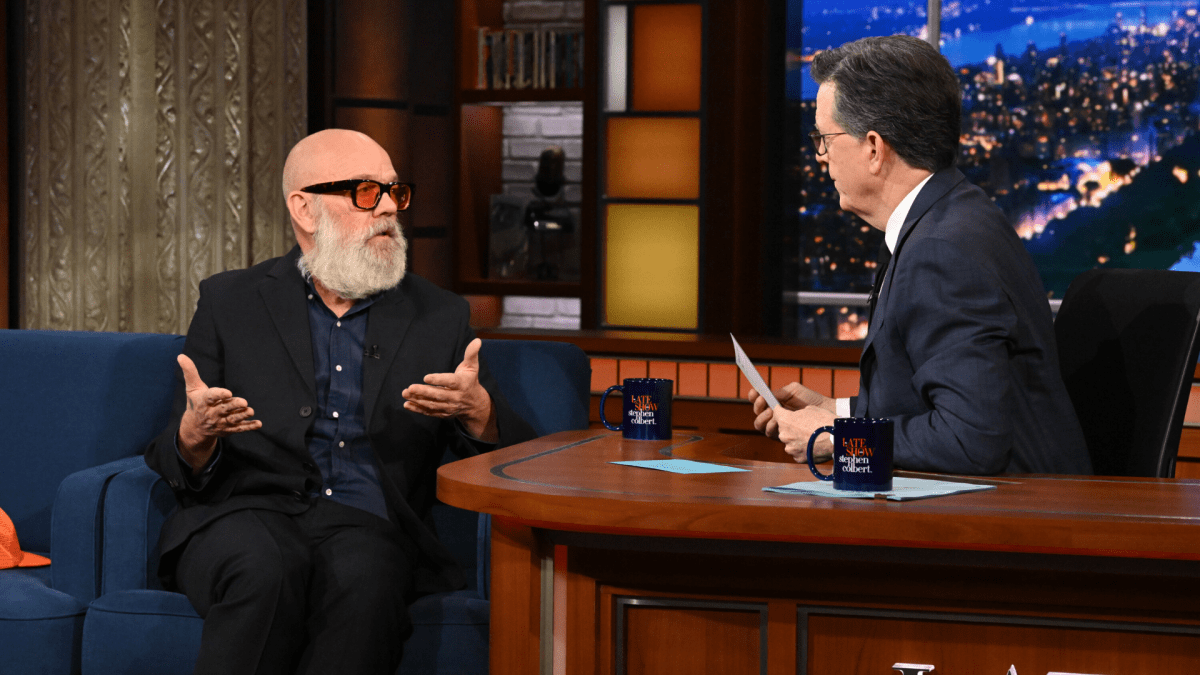 Michael Stipe and Stephen Colbert