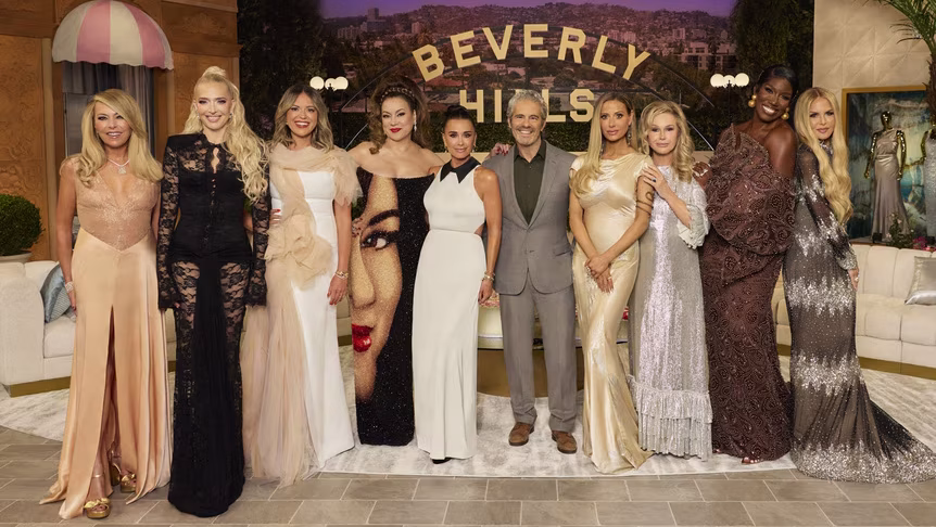 Real Housewives of Beverly Hills Season 15 reunion cast group photo Beverly Hills backdrop gowns