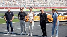 Kyle Busch with Top Chef judges and Kristen Kish at Charlotte Motor Speedway during NASCAR-themed challenge