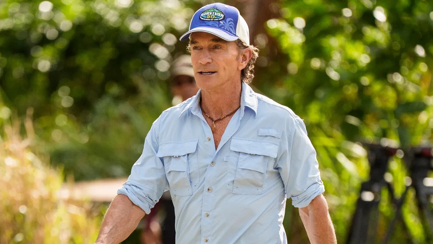 Jeff Probst walks through a challenge area while filming “Survivor 50” in Fiji.