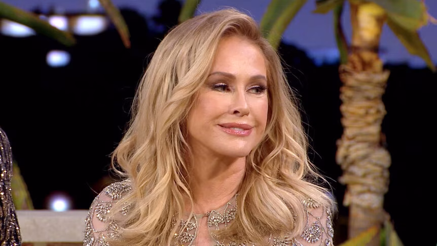 Kathy Hilton appears at the “Real Housewives of Beverly Hills” reunion wearing a sparkling embellished gown.