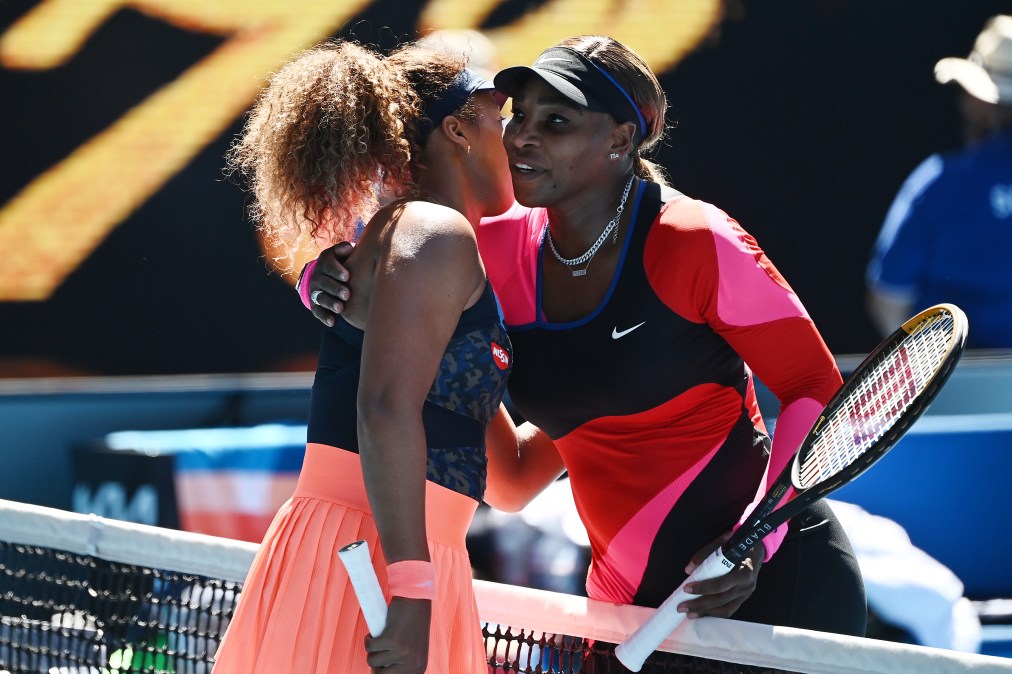 Serena Williams of the United States (R) embraces Naomi Osaka of Japan following her defeat in their Womenâs Singles Semifinals match during day 11 of the 2021 Australian Open at Melbourne Park on February 18, 2021 in Melbourne, Australia.