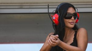 Kim Kardashian attends the qualifying session at the Monaco street circuit in Monaco supporting her boyfriend Lewis Hamilton
