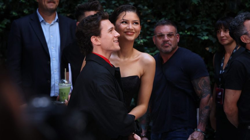 Zendaya and Tom Holland react during a photocall for Spider-Man: Brand New Day  in a hotel in Madrid on June 15, 2026.