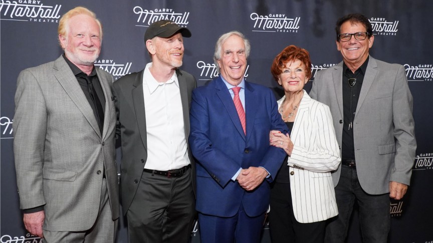 The cast of 'Happy Days' including Don Most, Ron Howard, Henry Winkler, Marion Ross, and Anson Williams.