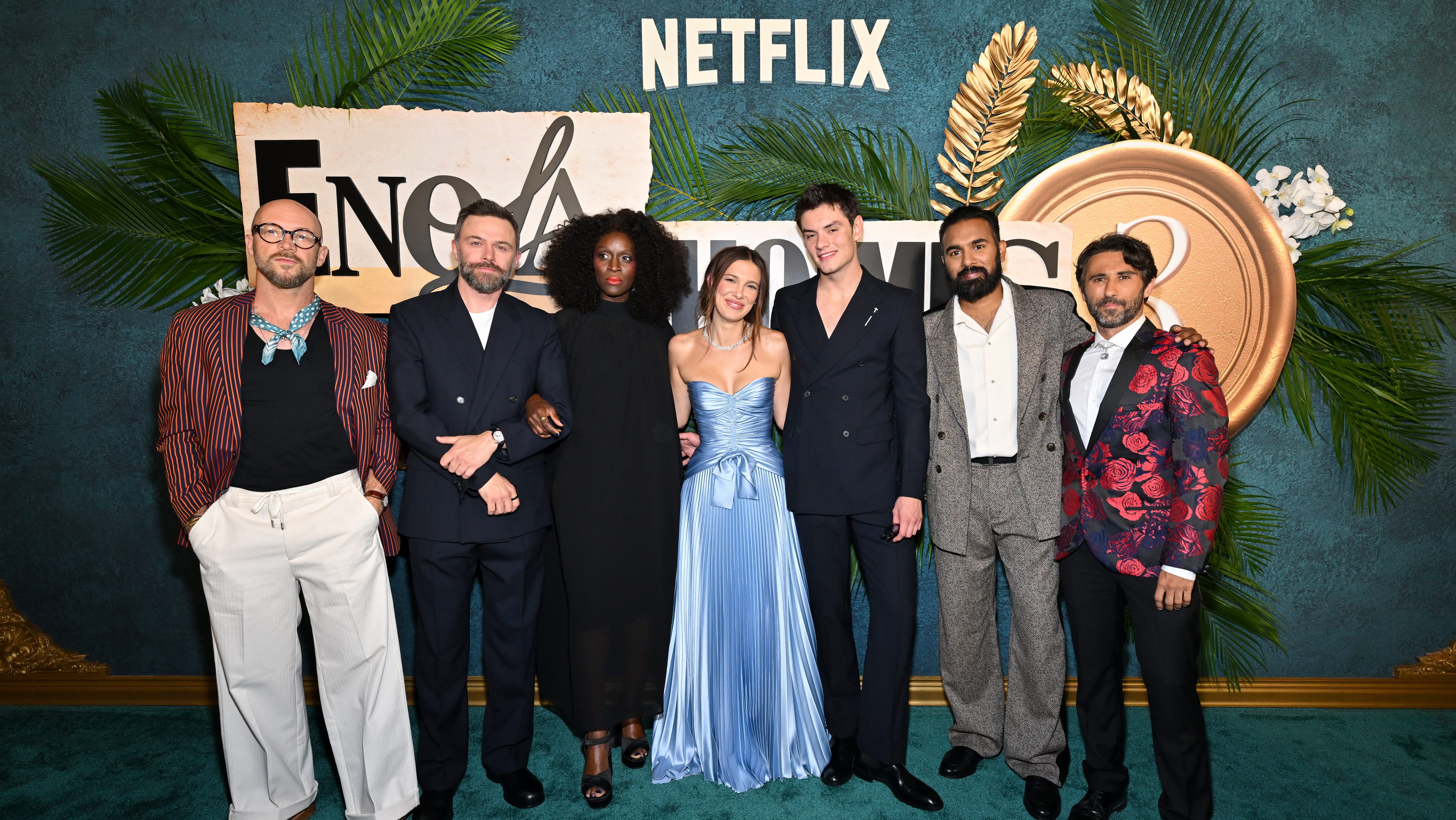 JUNE 25: (L-R) Nicholas Aaron, Philip Barantini, Sharon Duncan-Brewster, Millie Bobby Brown, Louis Partridge, Himesh Patel and Joe Azzopardi attend the Enola Holmes 3 NY Premiere on June 25, 2026 in New York City.