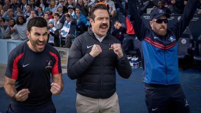 Brett Goldstein, Jason Sudeikis and Brendan Hunt in 'Ted Lasso.'