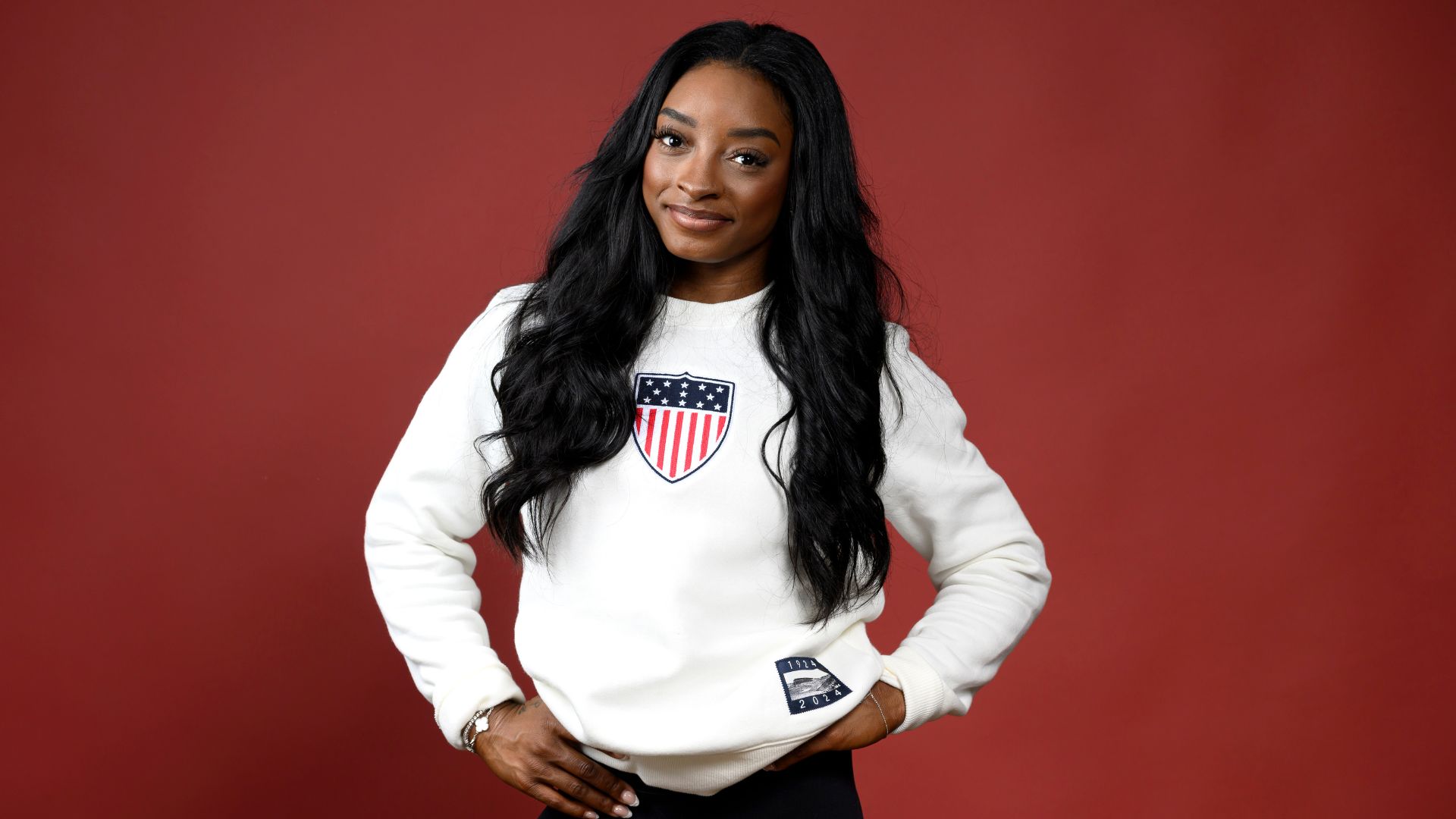 Olympian Simone Biles of Team United States poses on the Today Show Set.