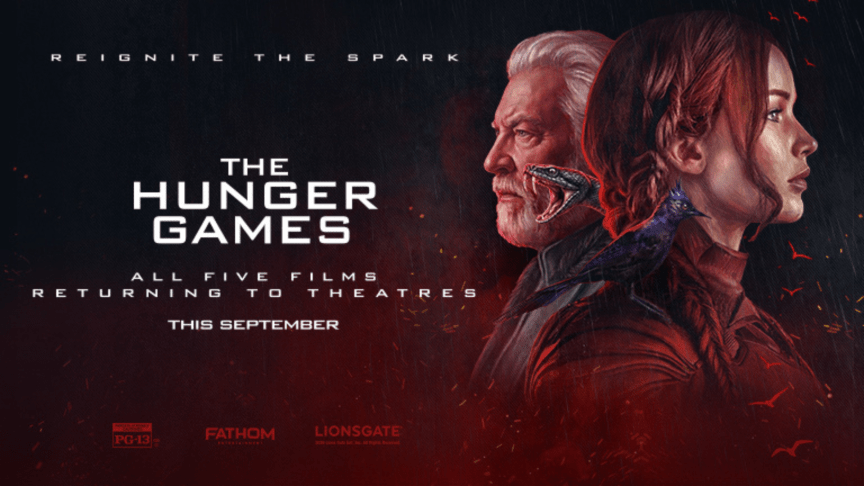 The Hunger Games: All Five Films promotional poster with Katniss Everdeen and President Snow