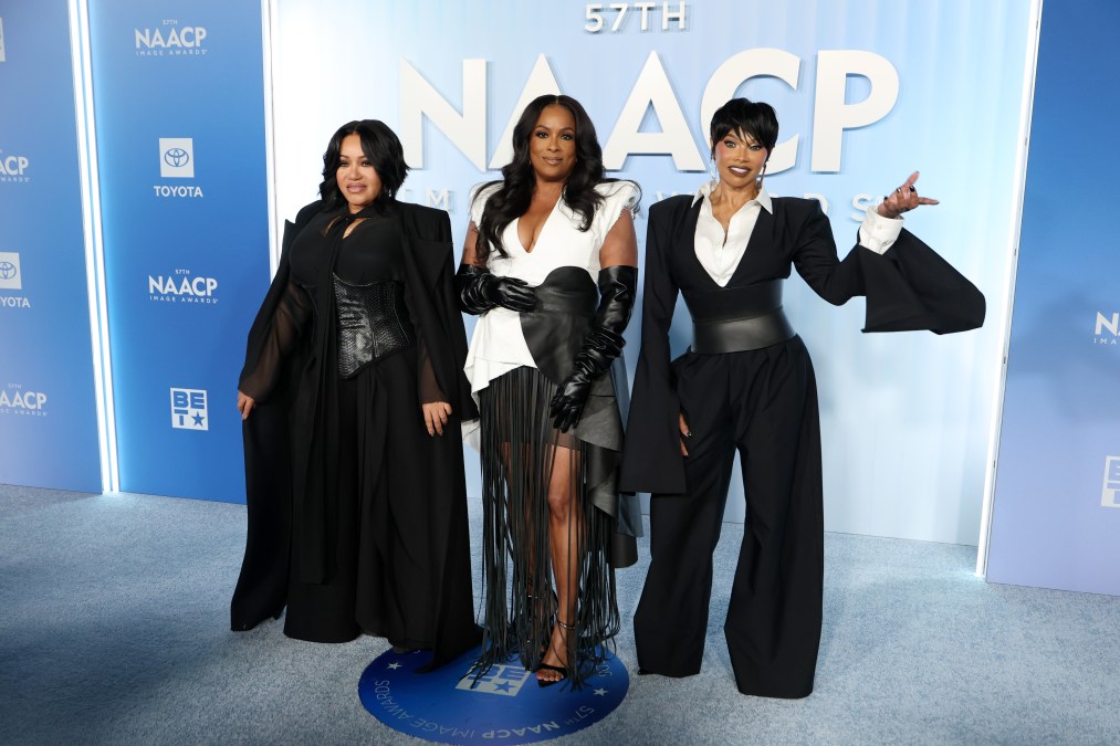 Cheryl James aka Salt, DJ Spinderella and Sandra Denton aka Pepa of Salt-N-Pepa attend the 57th NAACP Image Awards at Pasadena Civic Auditorium on February 28, 2026 in Pasadena, California. (Photo by Frazer Harrison/Getty Images)