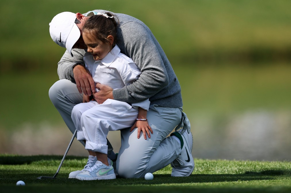 Rory McIlroy and daughter Poppy during the Par Three Contest