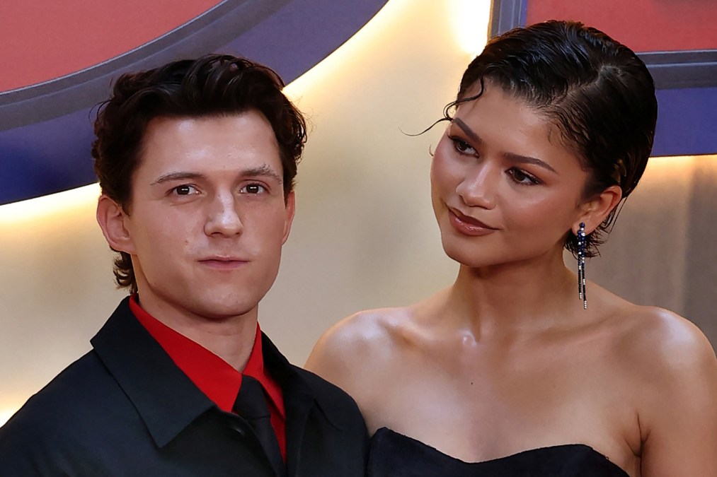 US actress Zendaya and British actor Tom Holland pose during a photocall