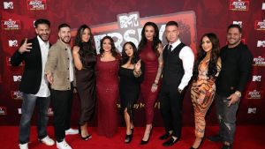 Pauly D, Vinny Guadagnino, Sammi Giancola, Deena Nicole Cortese, Nicole Polizzi, Jennifer Farley, Michael Sorrentino, Angelina Pivarnick, and Ronnie Ortiz-Magro attend the Jersey Shore Family Vacation Premiere at Marquee New York on April 23, 2026 in New York City