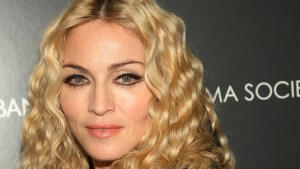 A closeup of Madonna wearing winged eye liner.