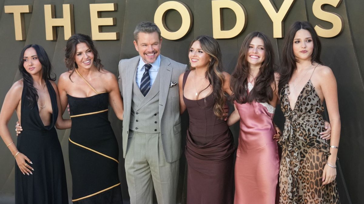 US actor Matt Damon and his wife, film producer Luciana Barroso (2L) pose with their daughters on the red carpet as they arrive to attend the world premiere of the film 'The Odyssey' in London on July 6, 2026.